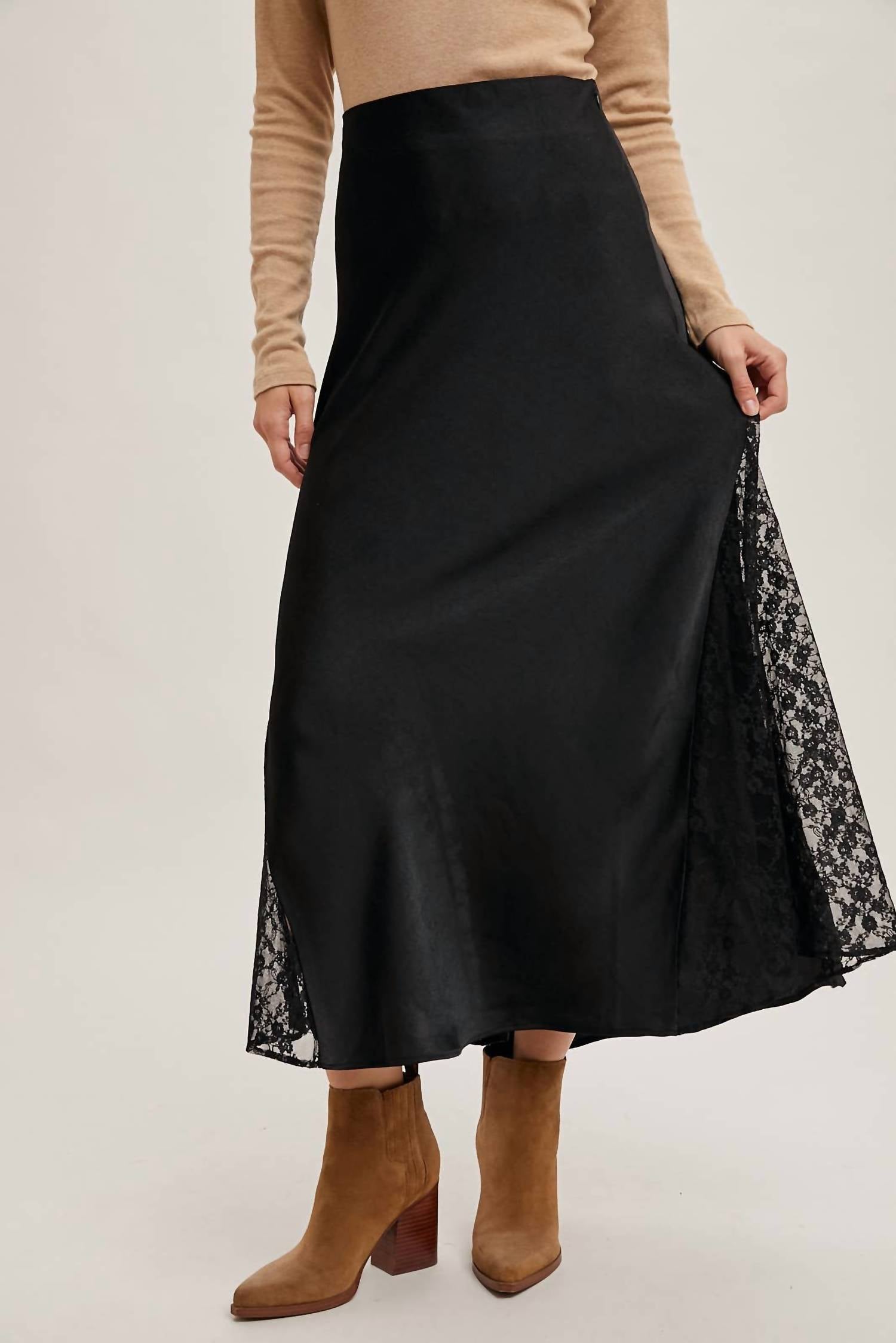 BluIvy Sazan Lace Trimmed Satin Midi Skirt in black - women's skirt - detail view
