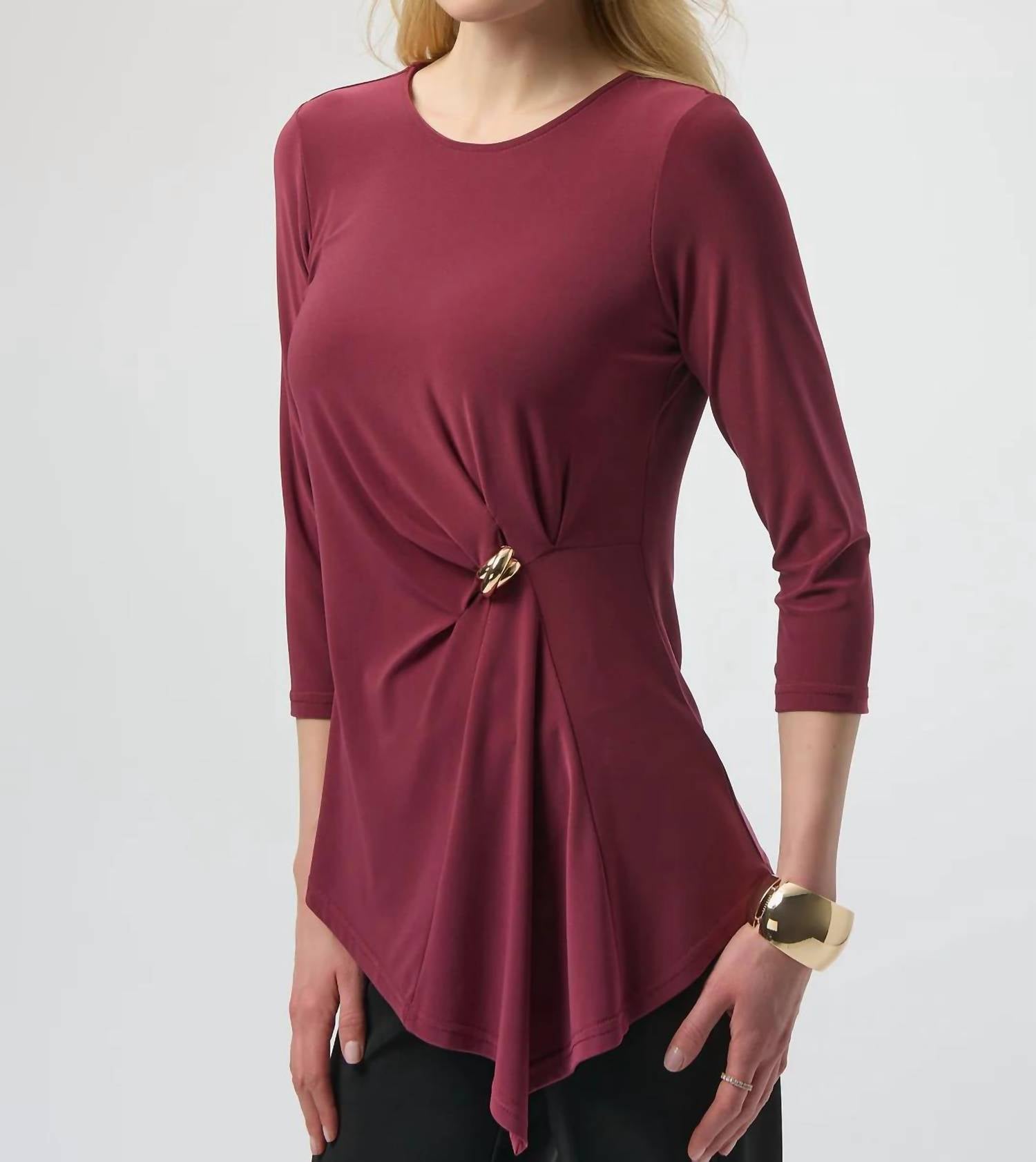 Joseph Ribkoff Scoop Neck 3/4 Sleeves Asymmetrical Top in merlot - women's blouse - detail view