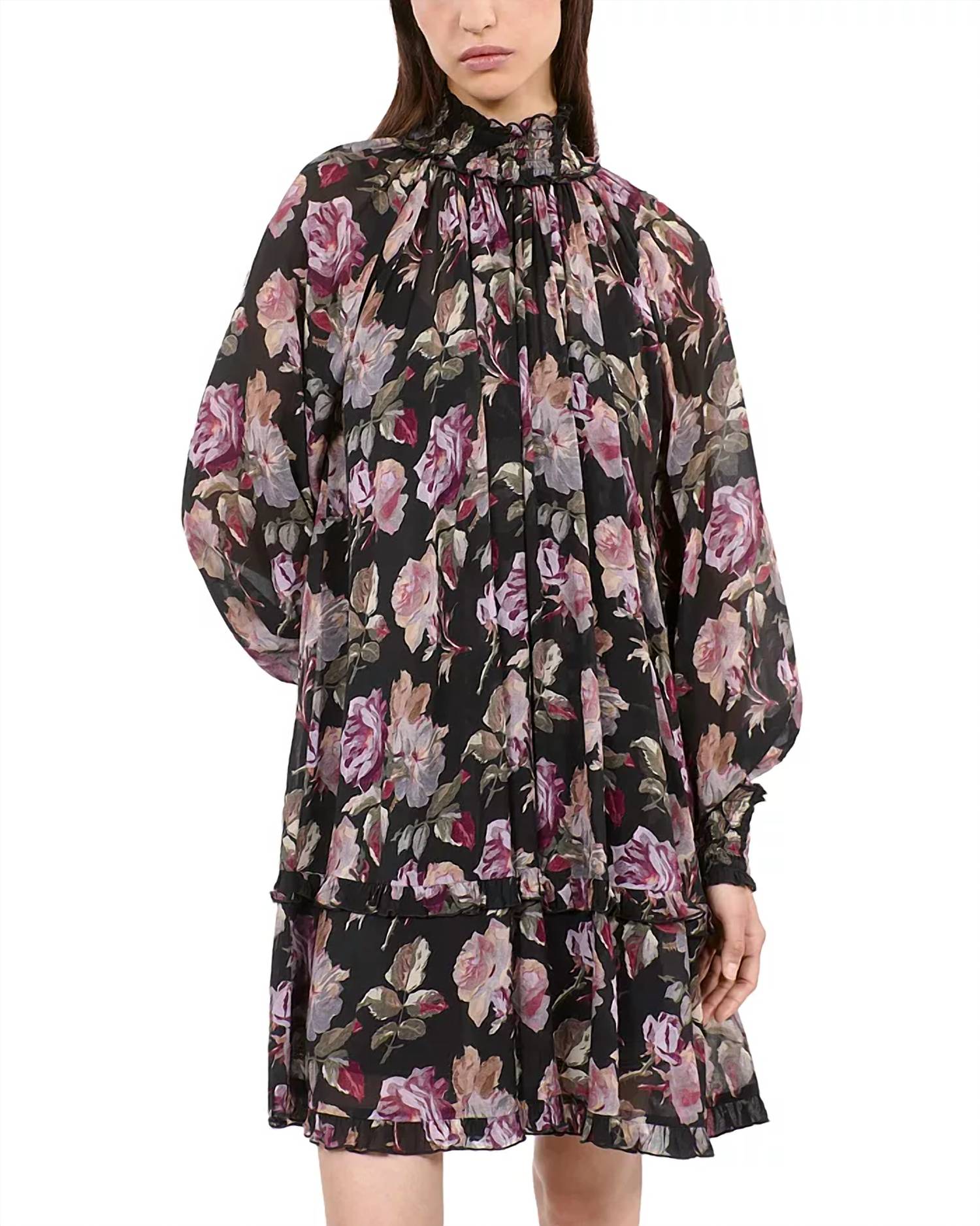 The Kooples - Floral Smocked Mock Neck Mini Dress