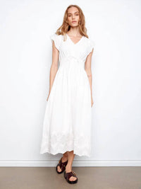 Charlie B - V-Neck Elastic Waist Dress With Ruffle Cap Sleeve
