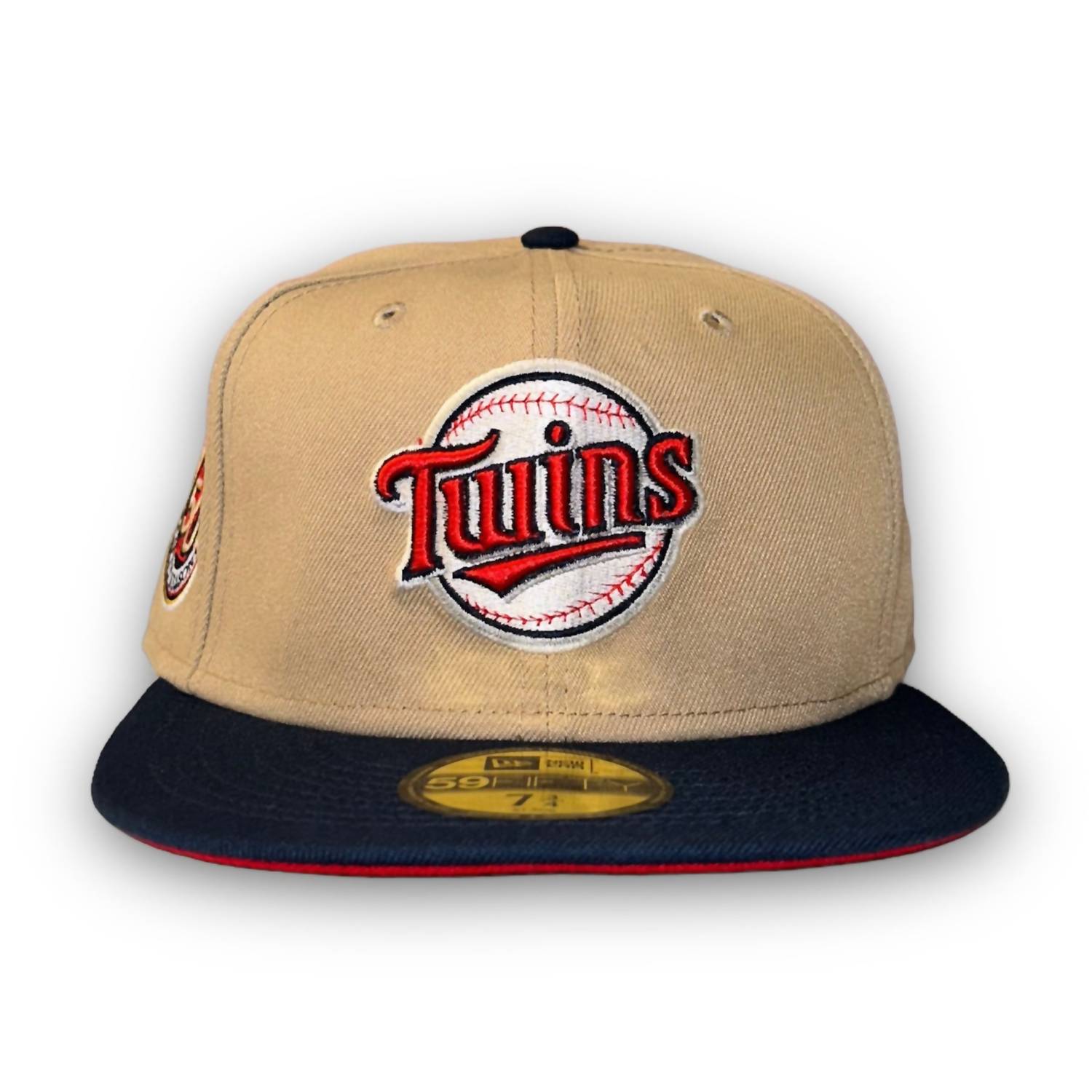 New Era Men's Minnesota Twins 50th Anniversary Fitted Hat in camal navy visor red - men's hat