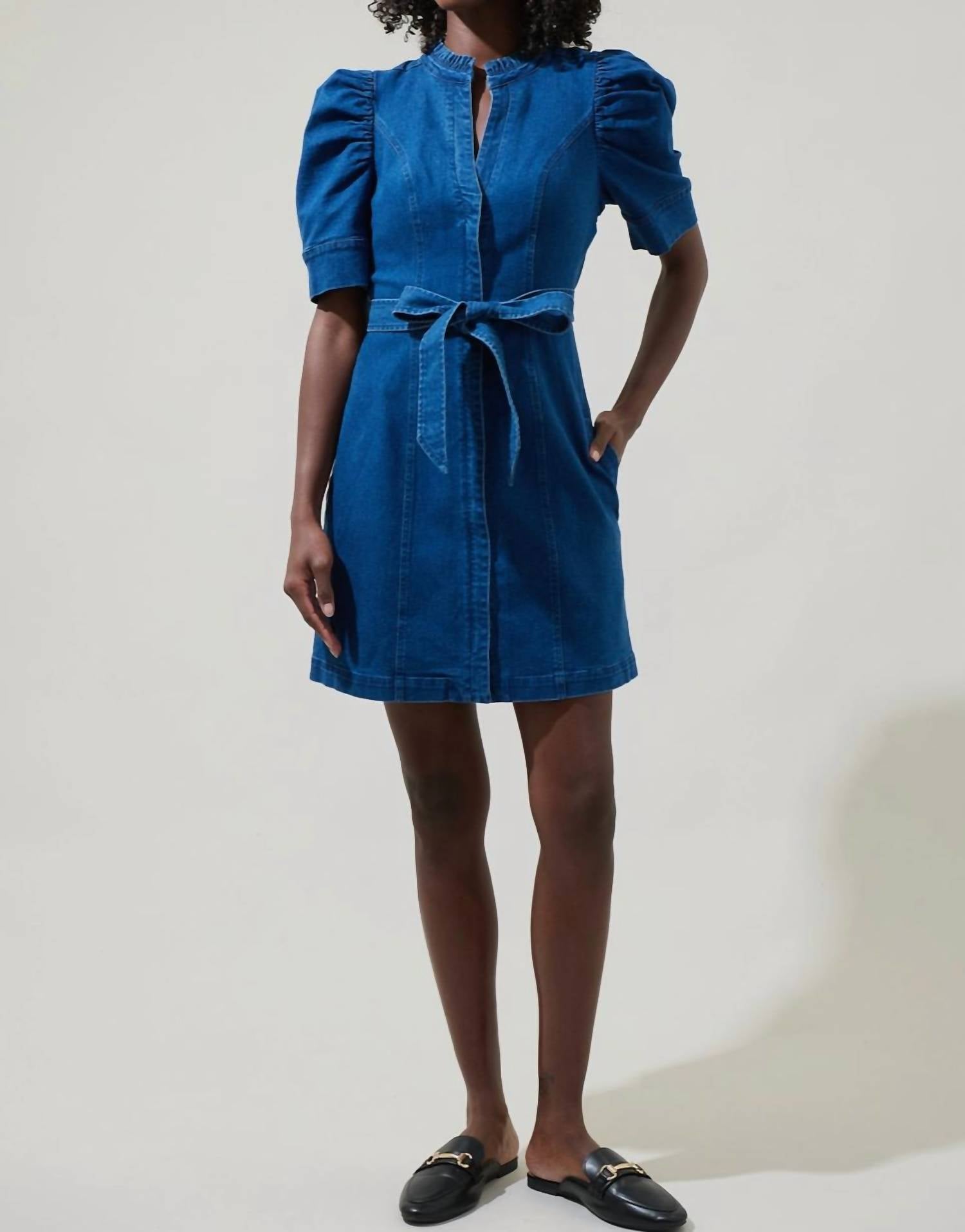 Sugarlips - Women's Jamie Denim Puff Sleeve Belted Mini Dress