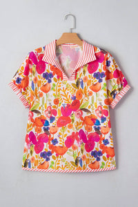 Little Daisy Closet - Striped Trim Collared V Neck Floral Blouse