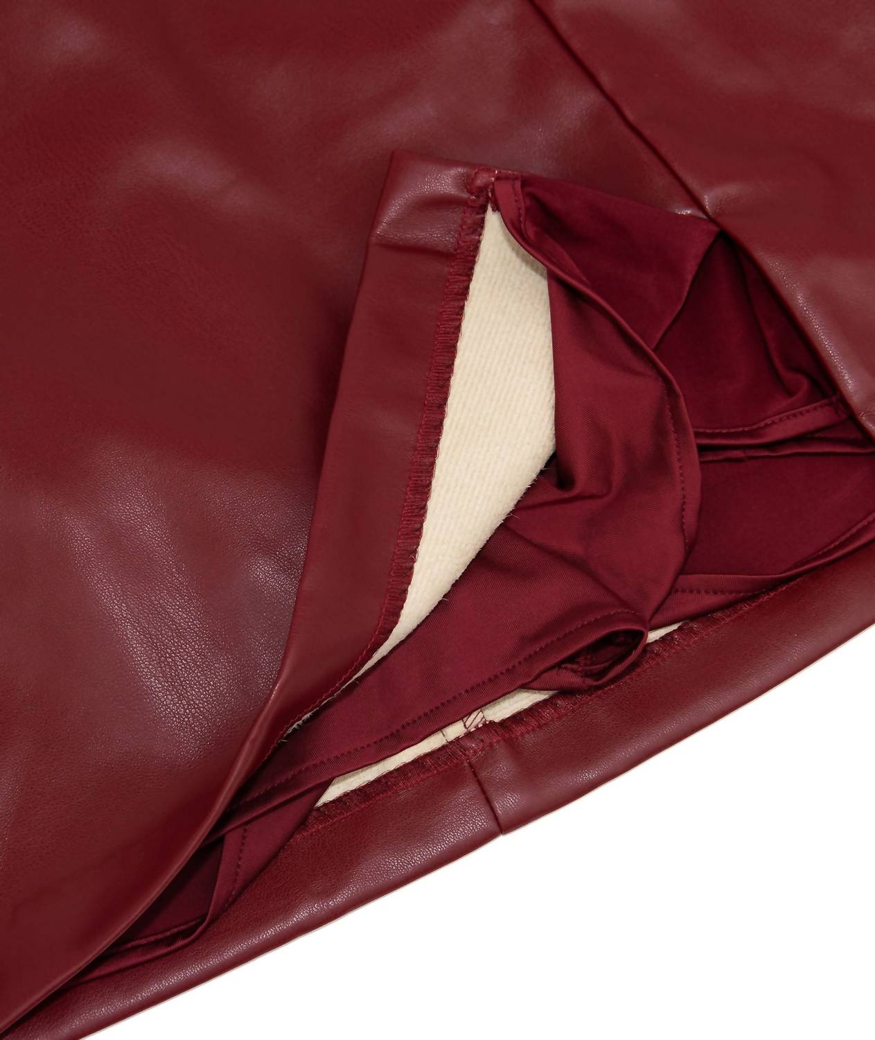 8apart Junior Women's Paula Vegan Leather Skirt With Slit in red - women's skirt - detail view