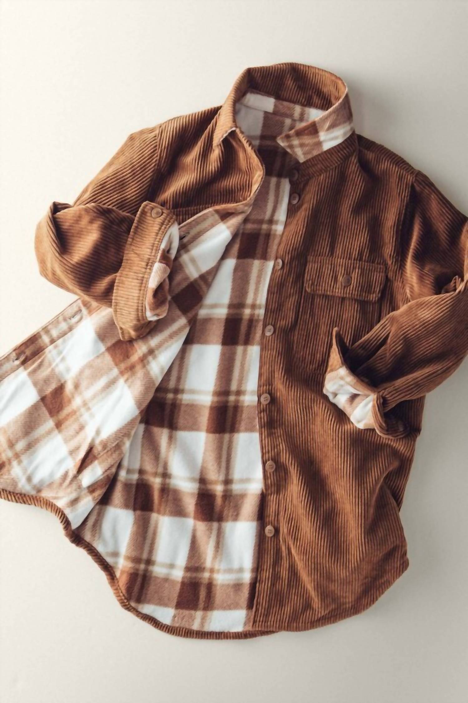 Trend:Notes - Reversible Corduroy And Plaid Flannel Shacket With Chest Pockets