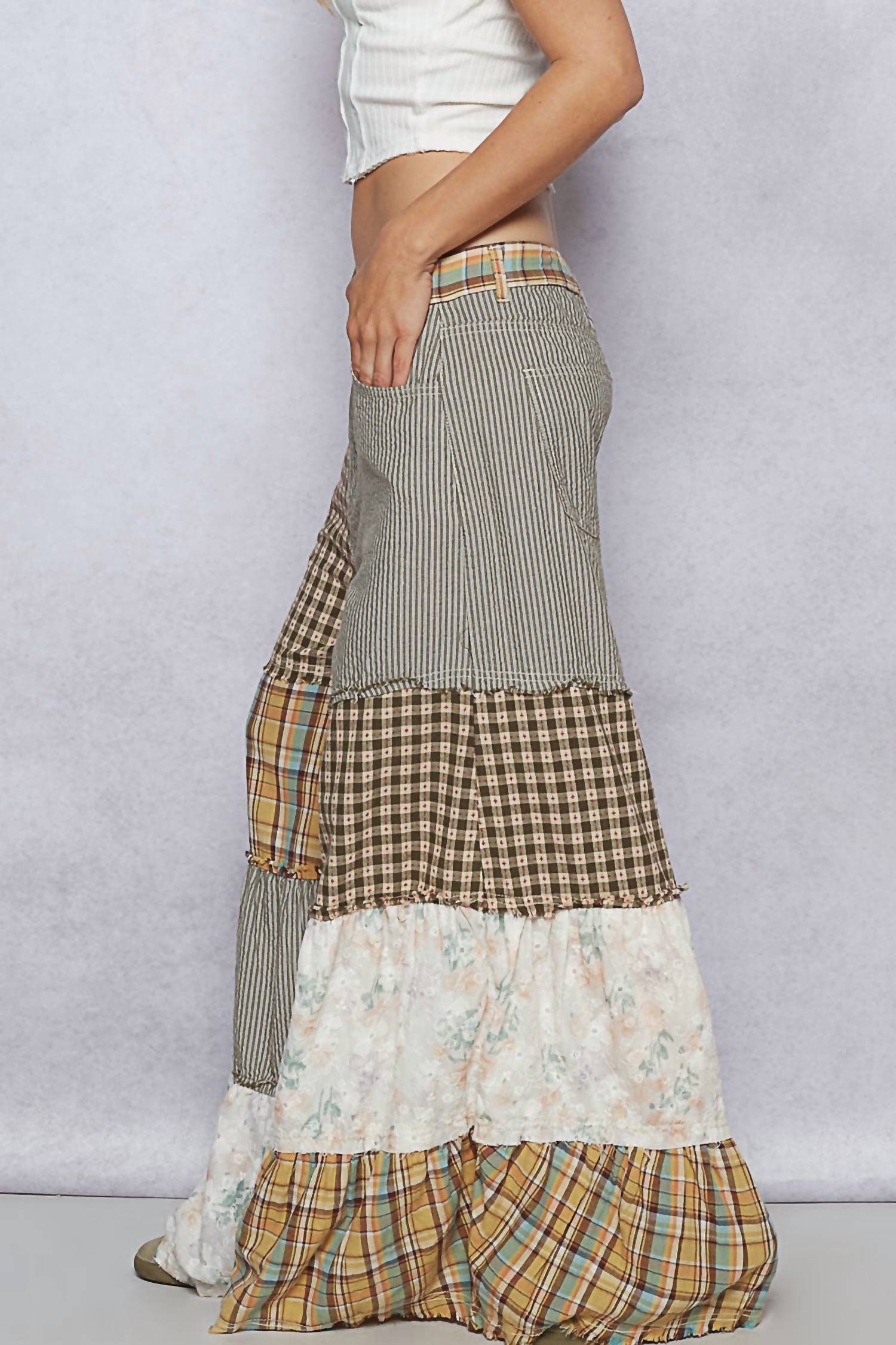 POL Printed Patchwork Textured Palazzo Bottom in olive green - women's pants - view 5