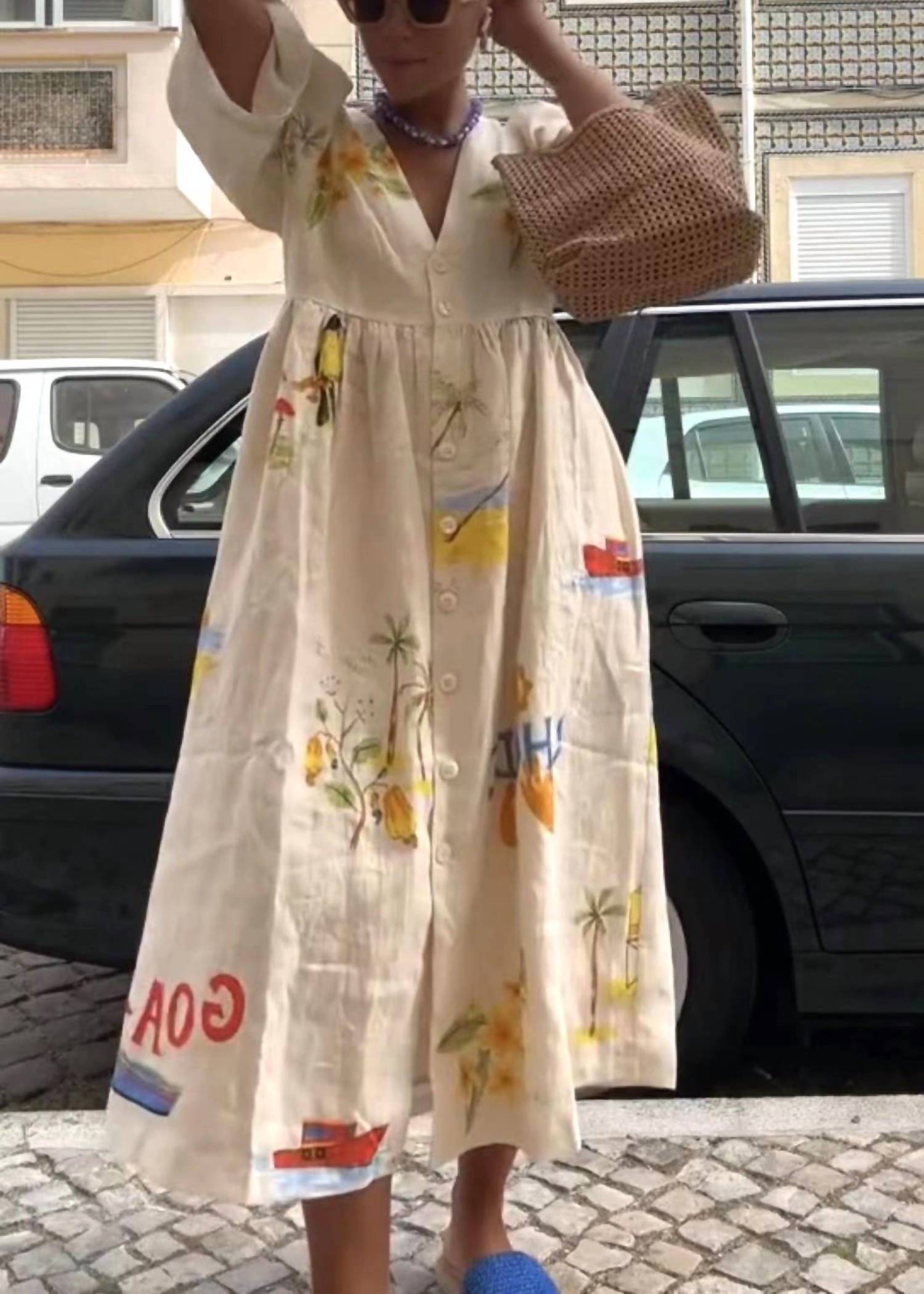 Rosa Clothing Fashion Print V Neck Cute Loose Dress in apricot - women's dress - view 5