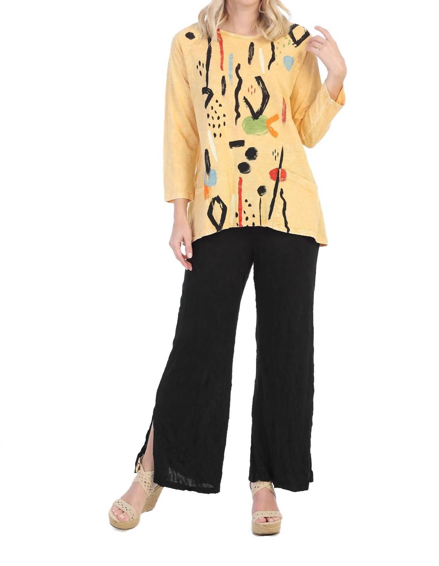 Jess & Jane Surprise Mineral Washed Patch Pocket Cotton Top in wheat - women's long sleeve top
