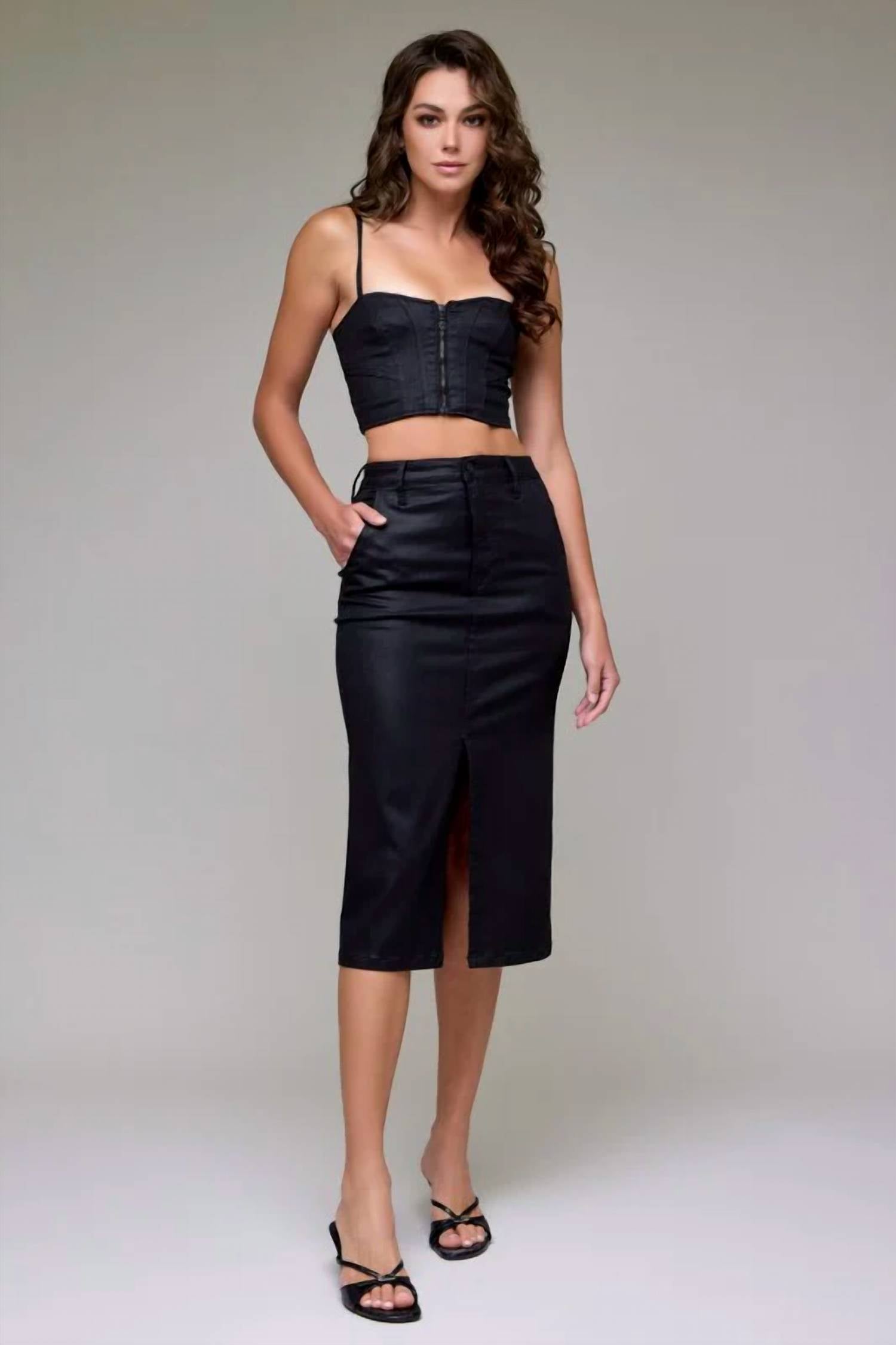 Hidden - Coated High Rise Front Slit Midi Skirt