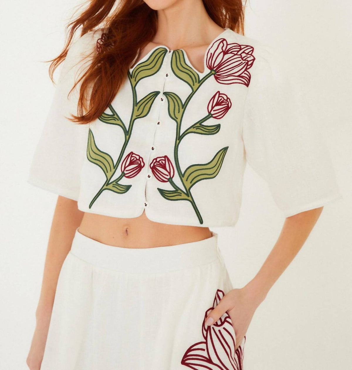 Farm Rio - Flower Embroidered Crop Top