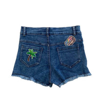 Lola + The Boys Girl's Rainbow Button Up Patch Jean Short in dark denim - kids' shorts - detail view