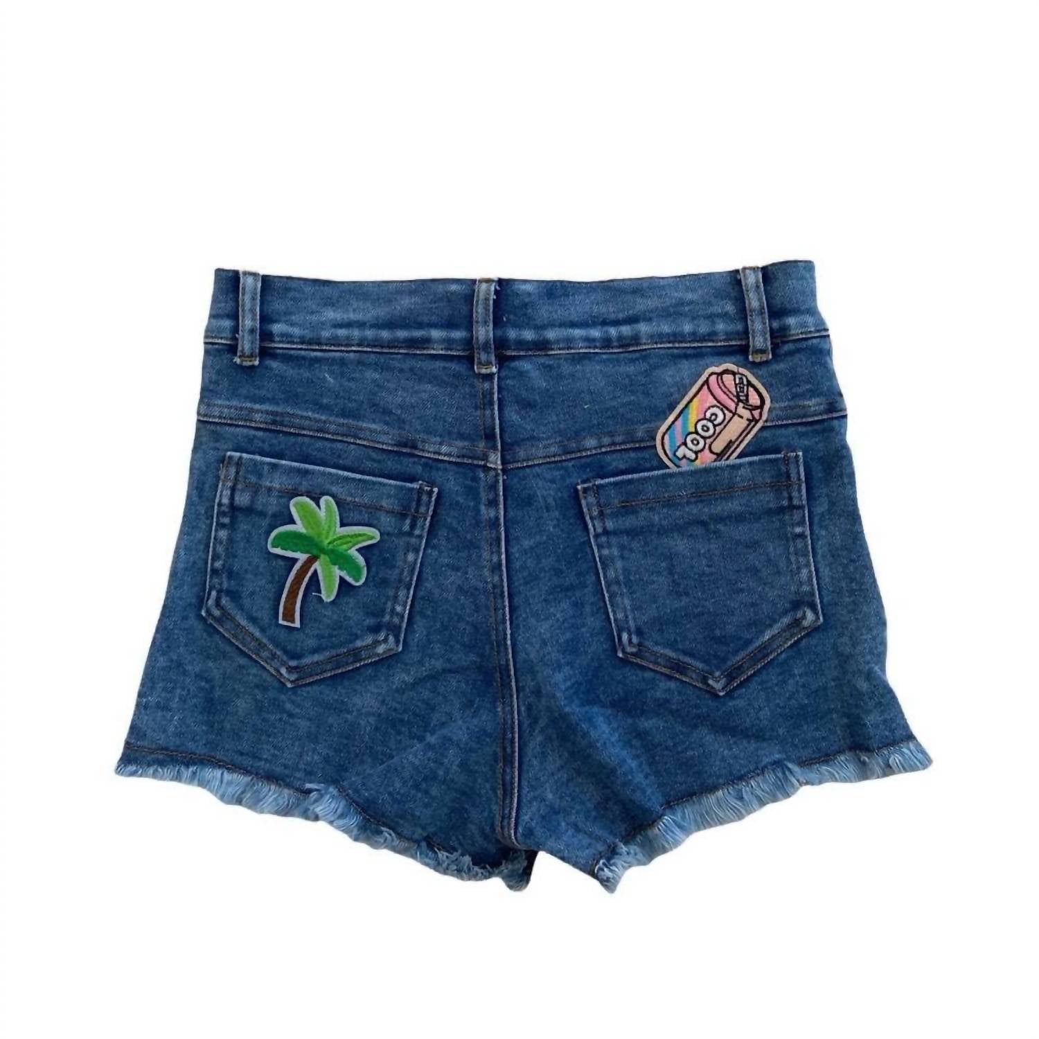 Lola + The Boys Girl's Rainbow Button Up Patch Jean Short in dark denim - kids' shorts - detail view