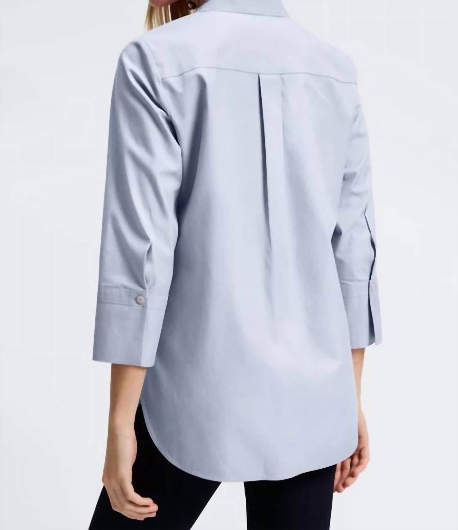 Foxcroft Madison No Iron Pinpoint 3/4 Sleeve Tunic in light blue - women's shirt - detail view