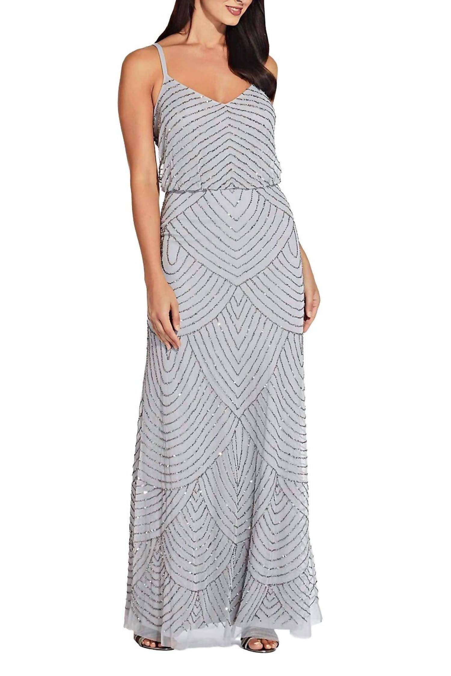 Adrianna Papell - V-neck Blouson Embellished Mesh Dress