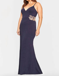 FAVIANA Beaded Applique Jersey Gown in navy gold - women's dress