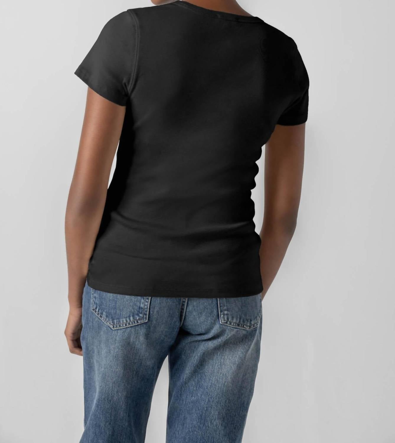 Lilla P Short Sleeve V Neck Tee Top in black - women's t-shirt - detail view