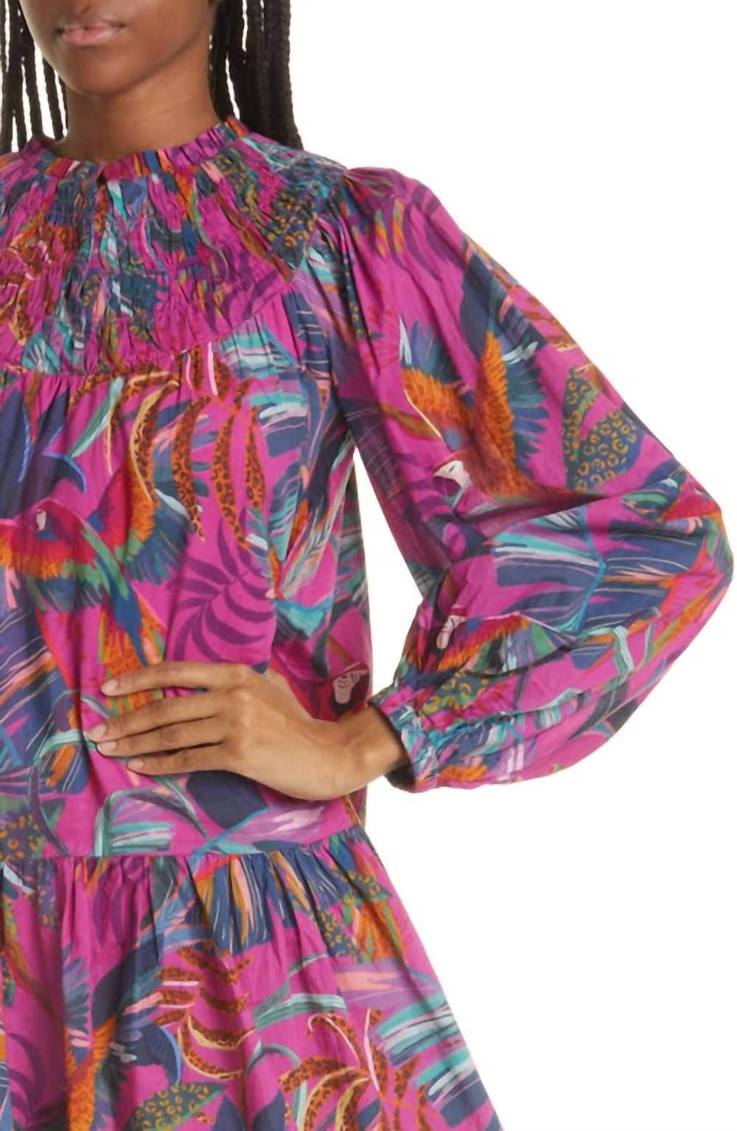 FARM RIO Rainbow Macaw Mini Dress in multi - women's dress - detail view