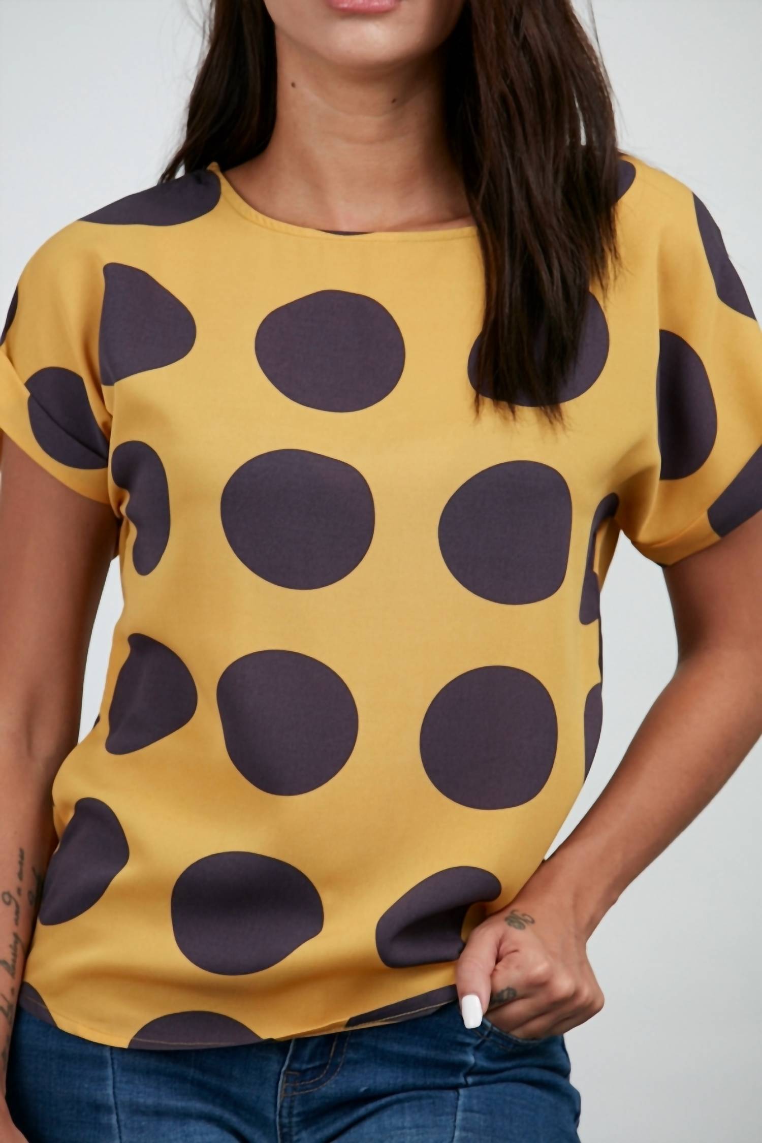 SM Wardrobe big polka dot print top in mustard - women's blouse