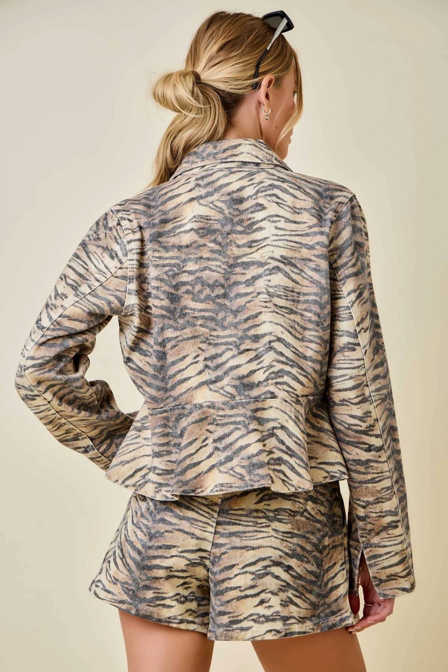 Day + Moon - Women's Fierce Tiger Print Peplum Denim Jacket