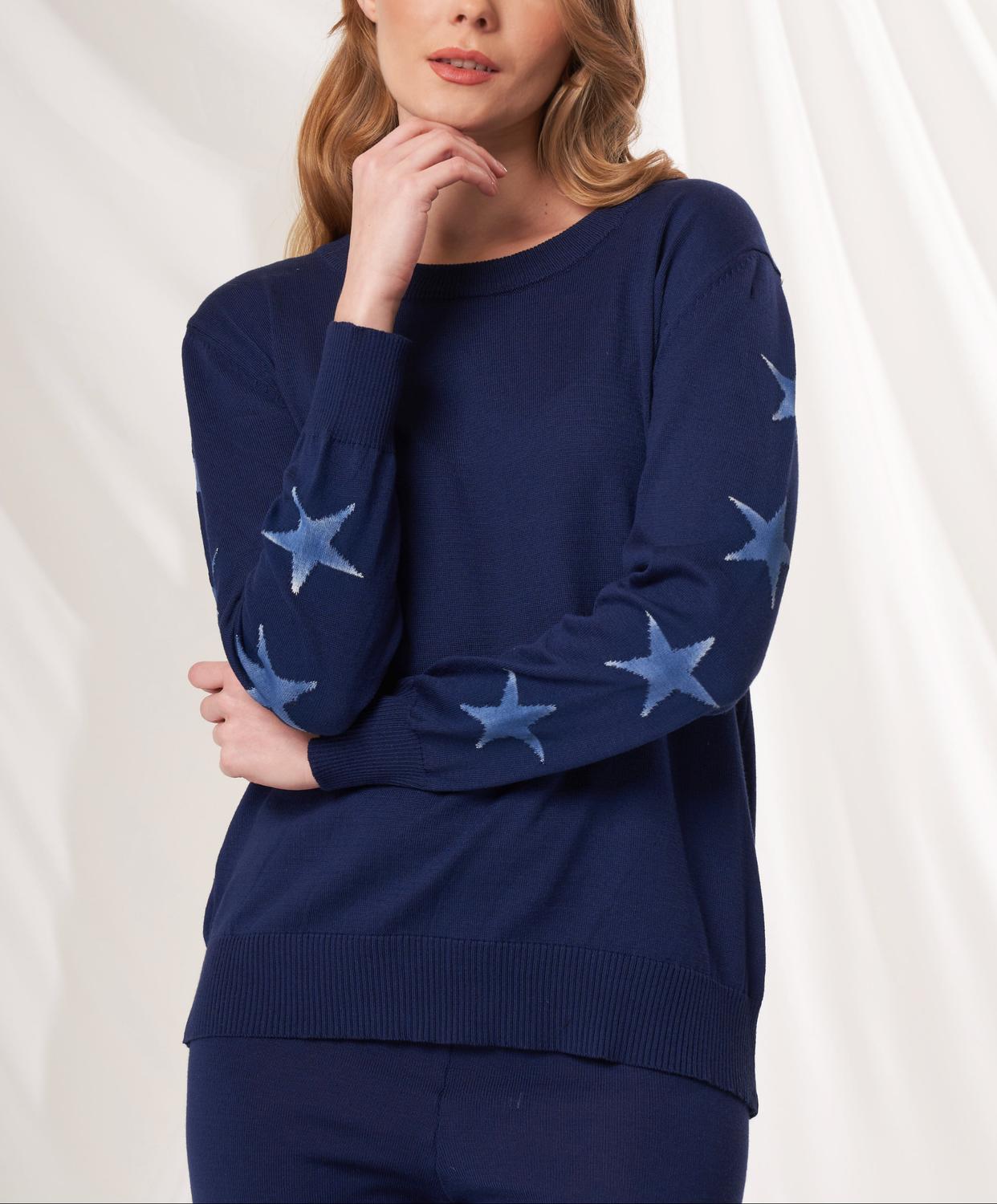 Angel Apparel Star Accent Knit Top in denim - women's long sleeve top - detail view