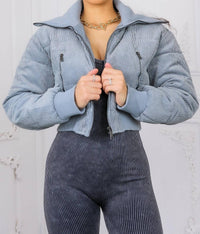 Surelymine - Keep Up With Me Crop Corduroy Full Zipper Puffer Jacket