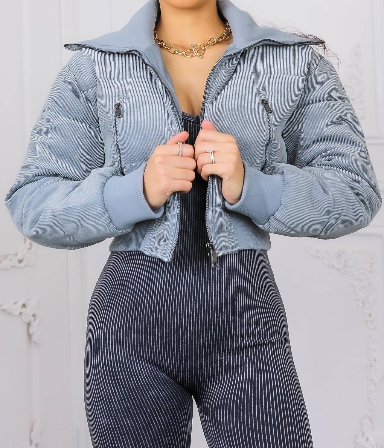 Surelymine - Keep Up With Me Crop Corduroy Full Zipper Puffer Jacket