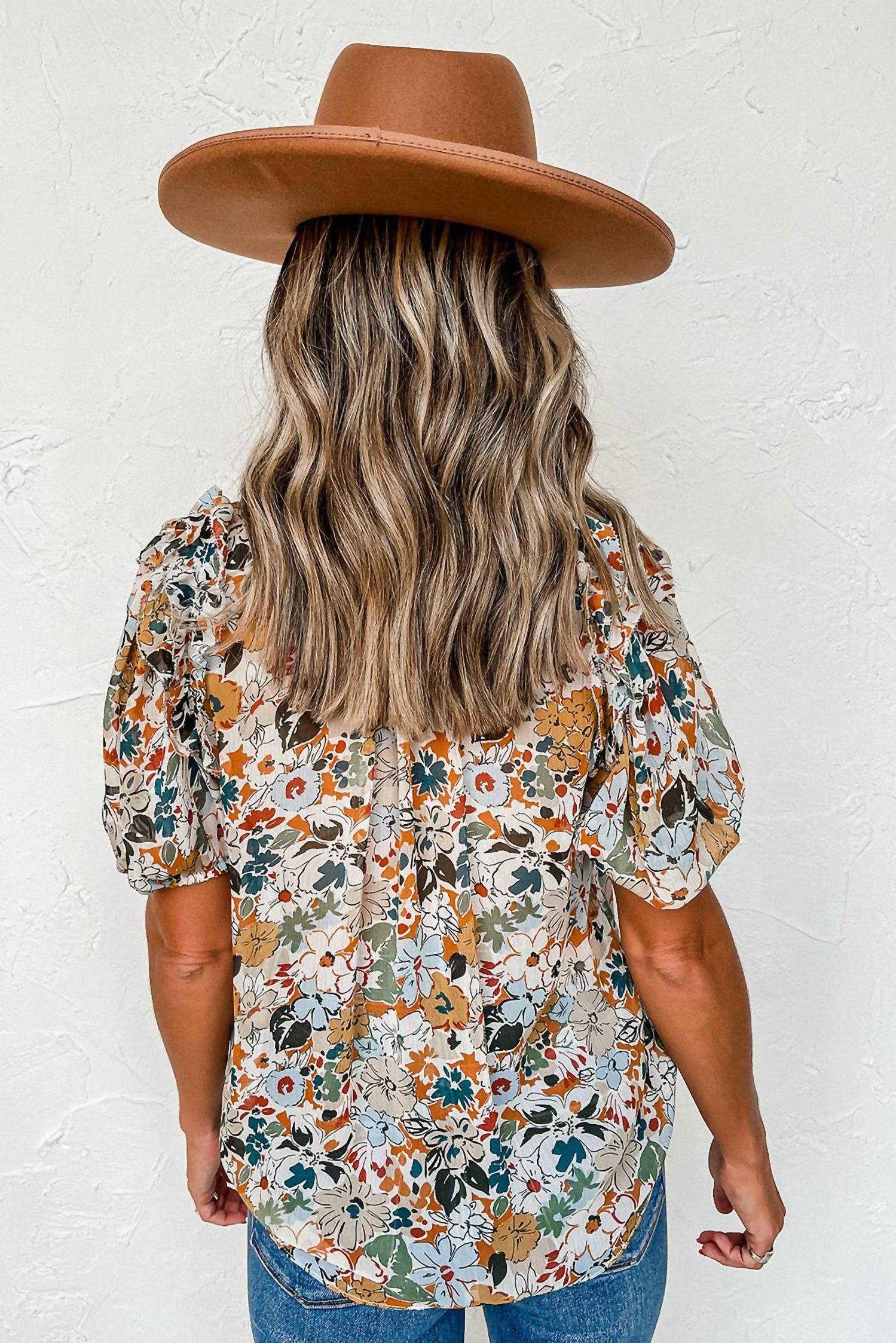 Full Time Purchase - Split V Neck Puff Sleeve Blouse