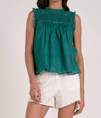 ELAN High Neck Smocked Top in emerald - women's blouse