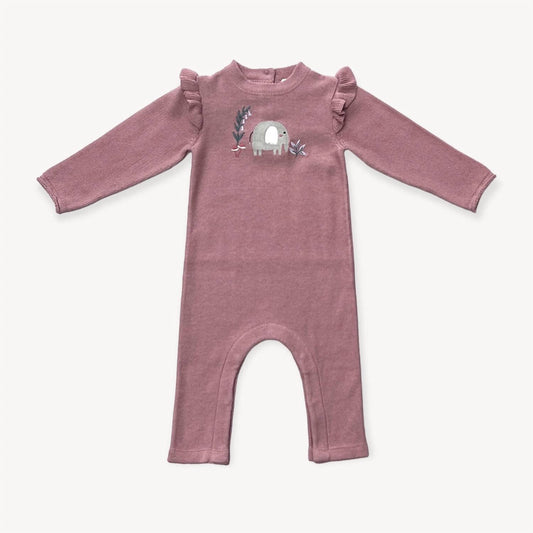 Viverano Organics - Girls Elephant Embroidered Ruffle Jumpsuit