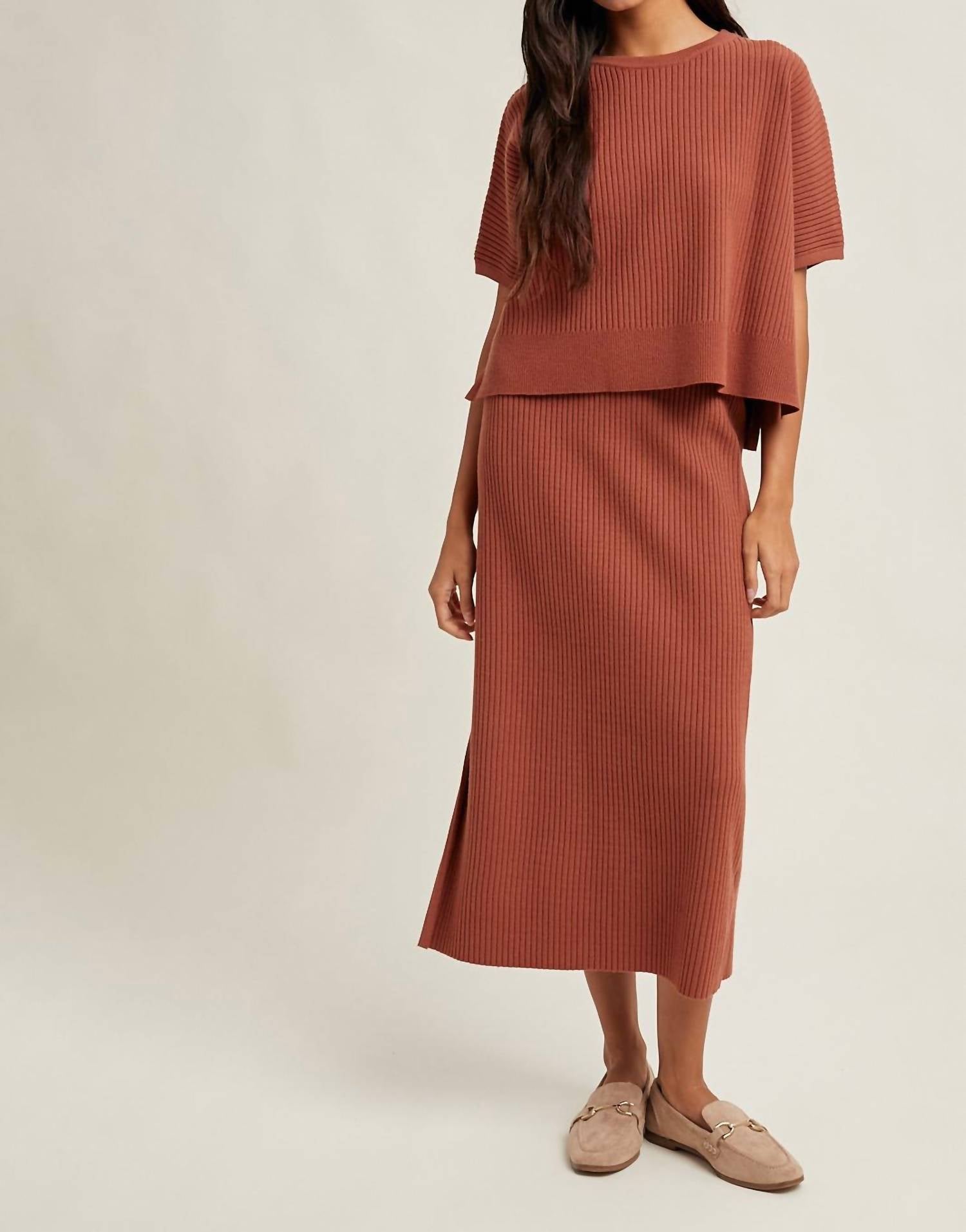 WISHLIST Ribbed Knit Sweater Top And Skirt Set in rust - women's sleepwear - view 5