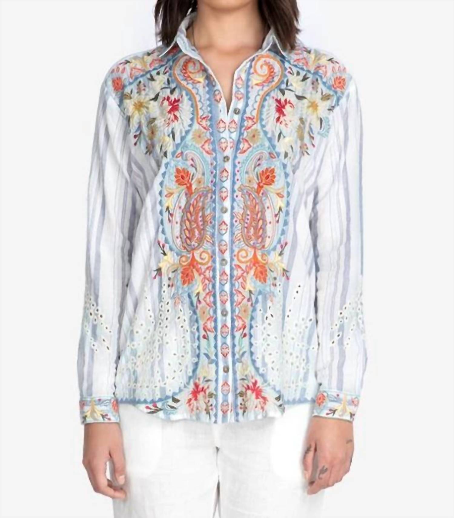 Johnny Was Tikal Oversized Shirt in white - women's shirt - detail view