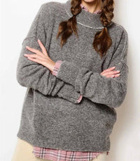 La Miel - Loose Fit Mock Neck Exposed Seaming Detailed Sweater