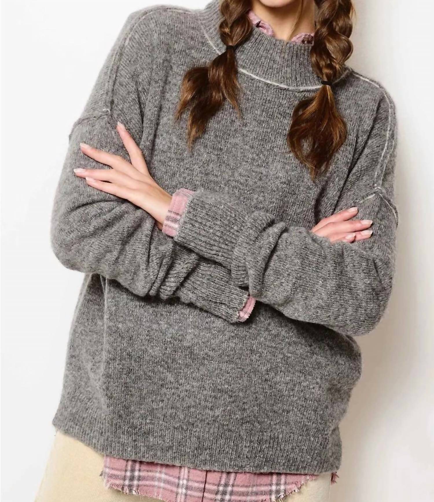 La Miel - Loose Fit Mock Neck Exposed Seaming Detailed Sweater