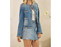 Veveret - Tweed Trimmed Front Pocket Denim Jacket