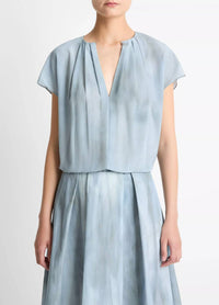 Vince - Washed Ombré Silk Gathered Cap-sleeve Blouse