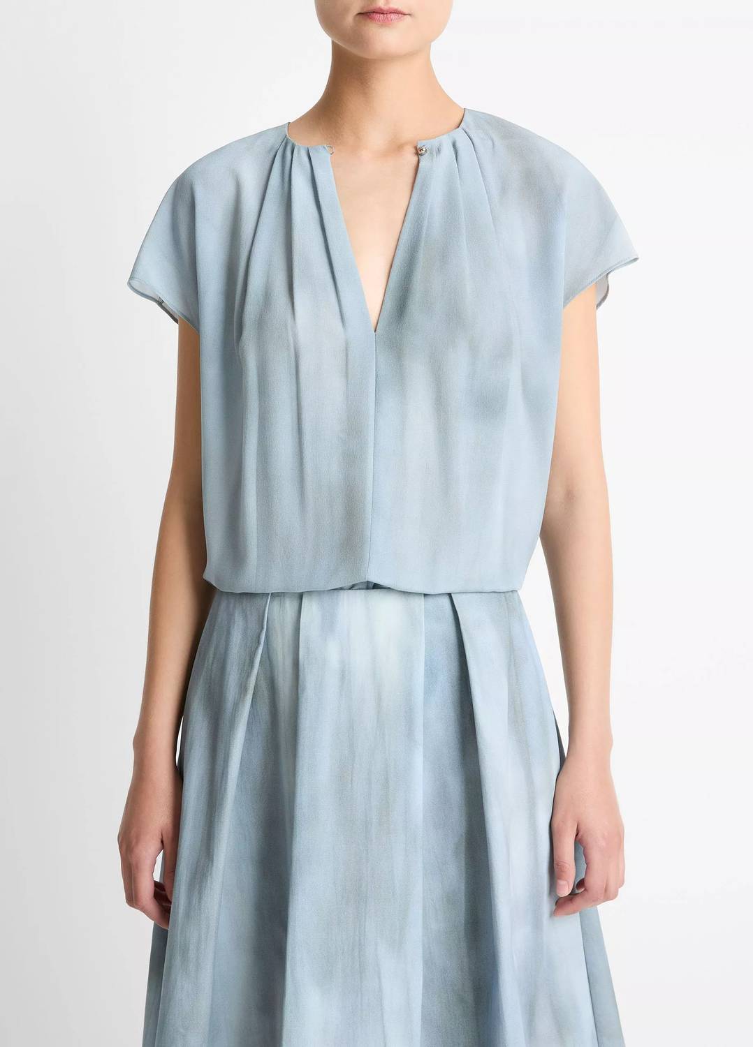 Vince - Washed Ombré Silk Gathered Cap-sleeve Blouse