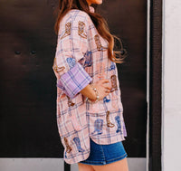 Queen Of Sparkles - Plaid Scattered Cowboy Boot Button Up Tunic