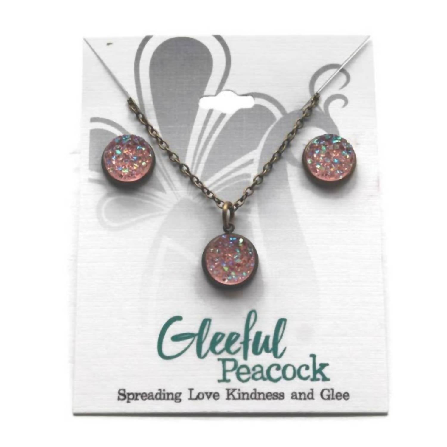 Gleeful Peacock - Women's Iridescent Druzy Bezel Pendant Necklace & Stud Earring Set