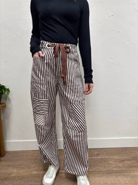ee:some Striped Drawstring Barrel Pant in brown cream - women's pants - detail view