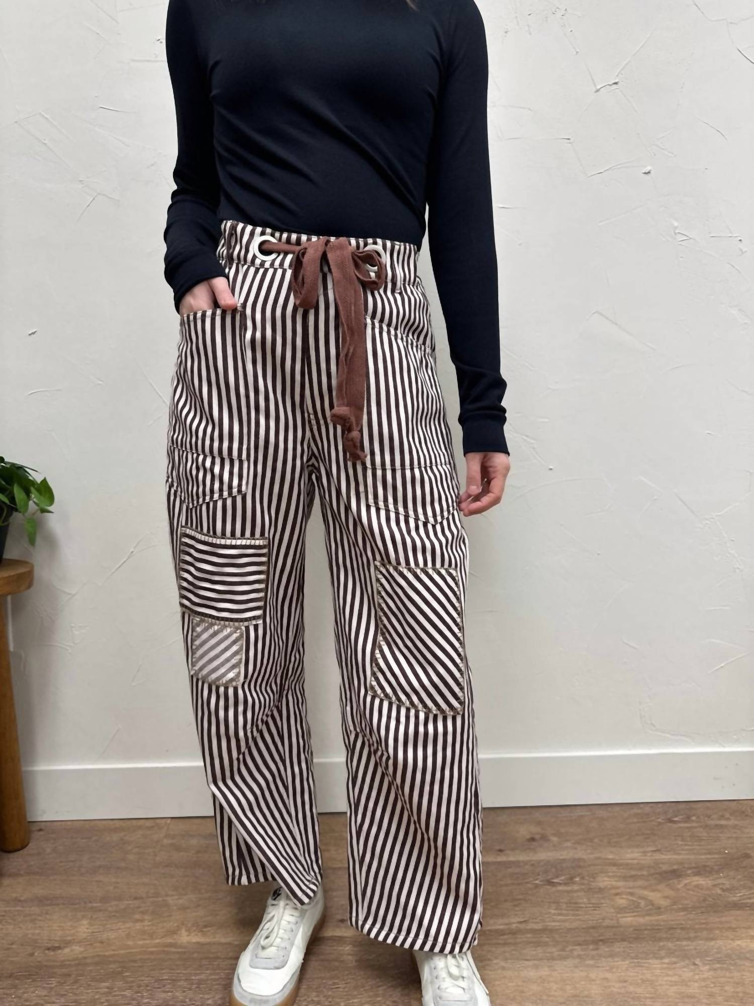ee:some Striped Drawstring Barrel Pant in brown cream - women's pants - detail view