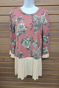 Potter'S Pot - Women's Floral Tan Chiffon Ruffled Trim Blouse