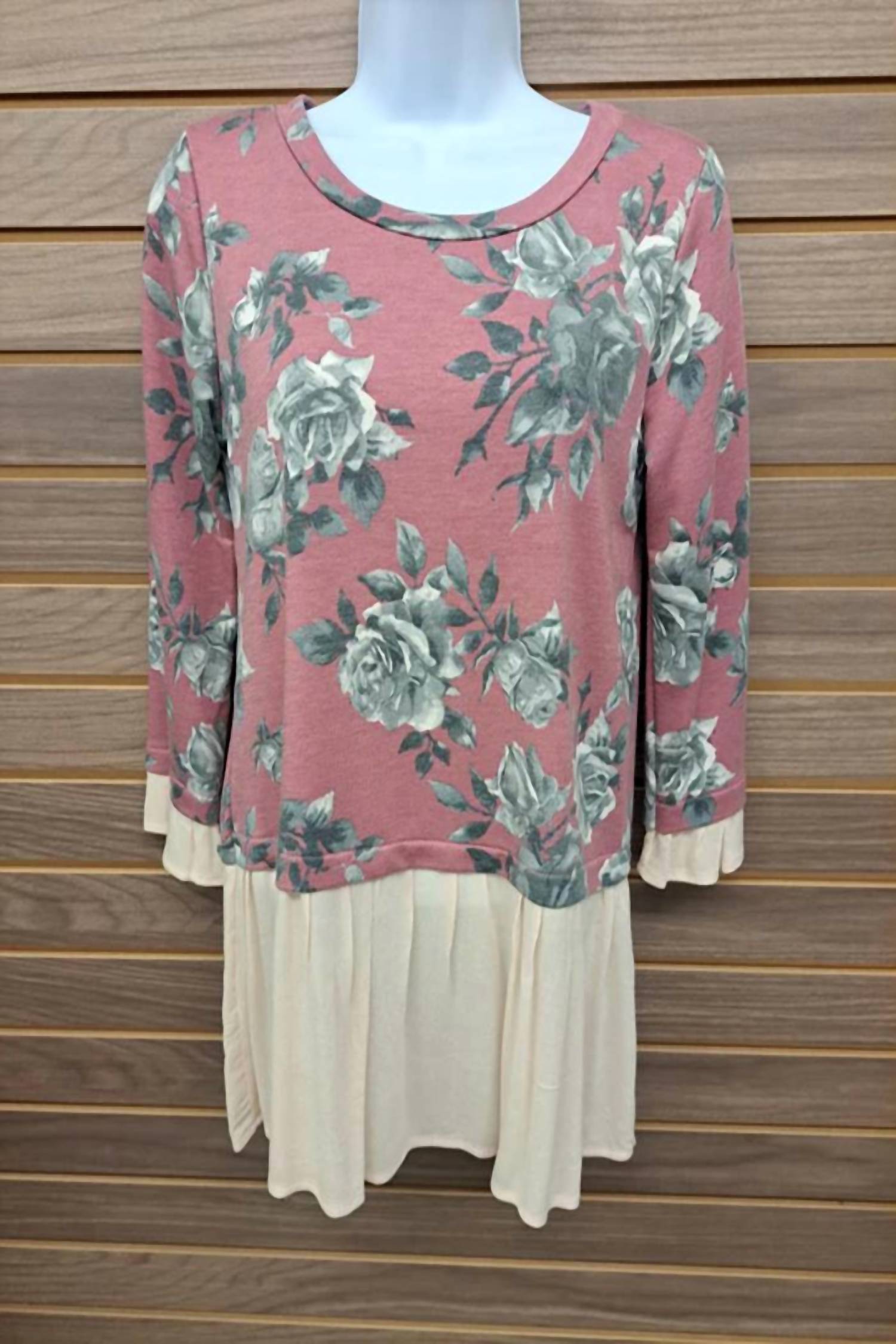 Potter'S Pot - Women's Floral Tan Chiffon Ruffled Trim Blouse