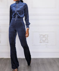 Surelymine - Glam Babe Velvet Two Pieces Set Bomber Jacket and Flare Pants