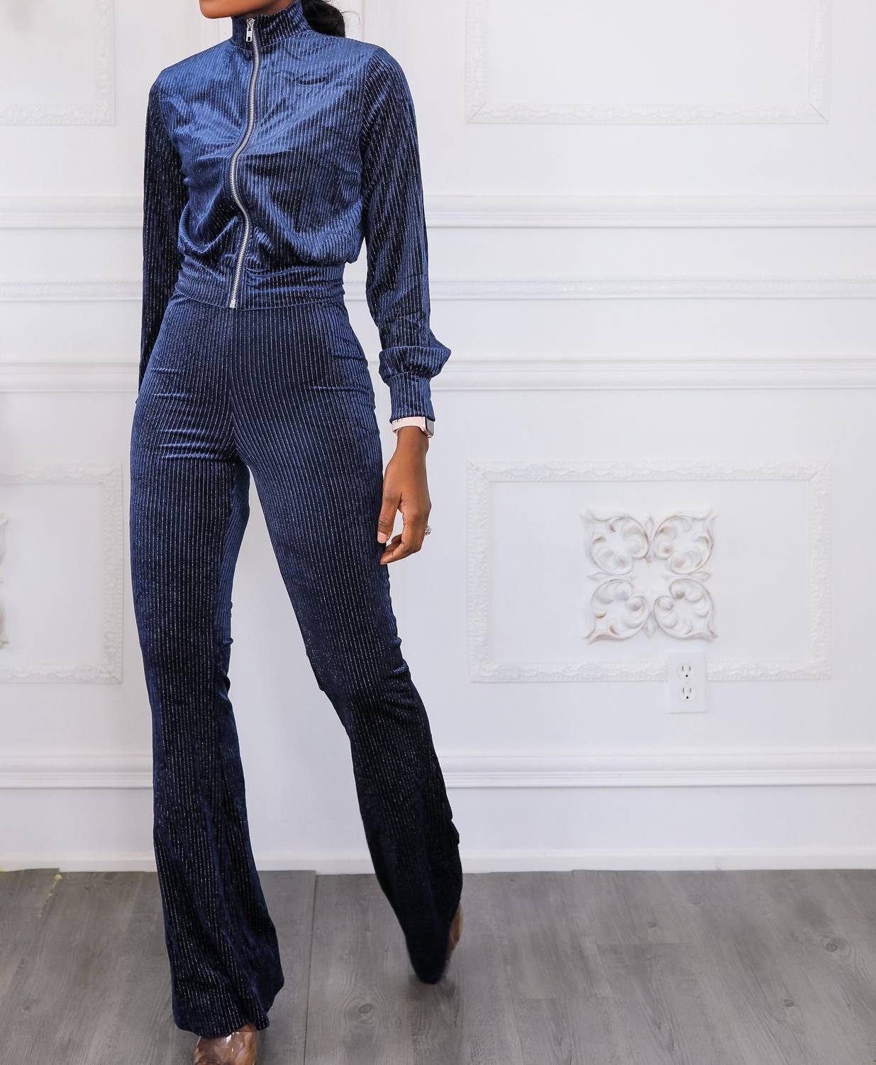 Surelymine - Glam Babe Velvet Two Pieces Set Bomber Jacket and Flare Pants