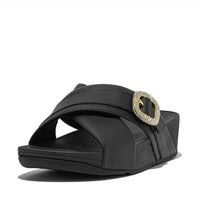 Fitflop - Women's Lulu Crystal-buckle Leather Cross Slides