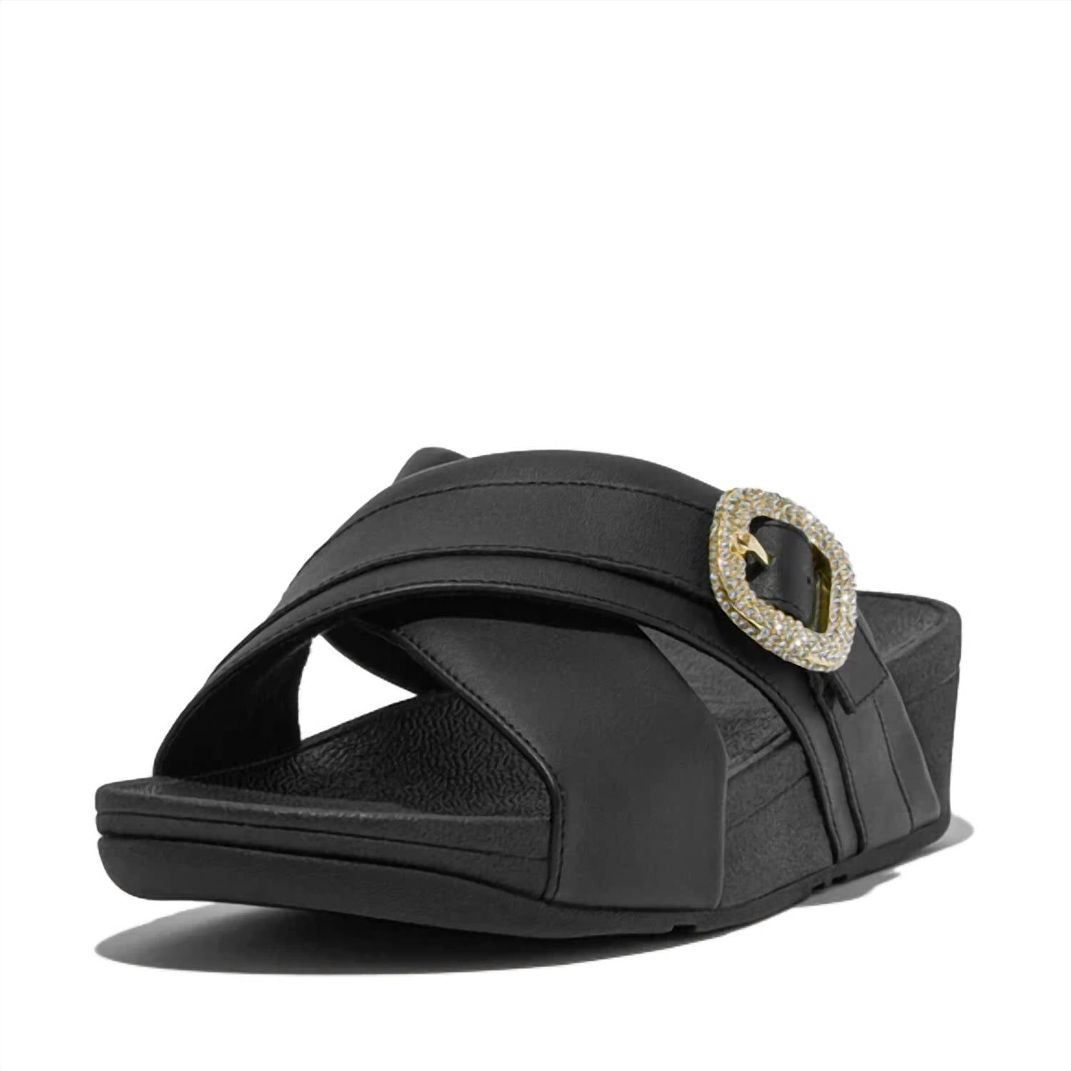 Fitflop - Women's Lulu Crystal-buckle Leather Cross Slides