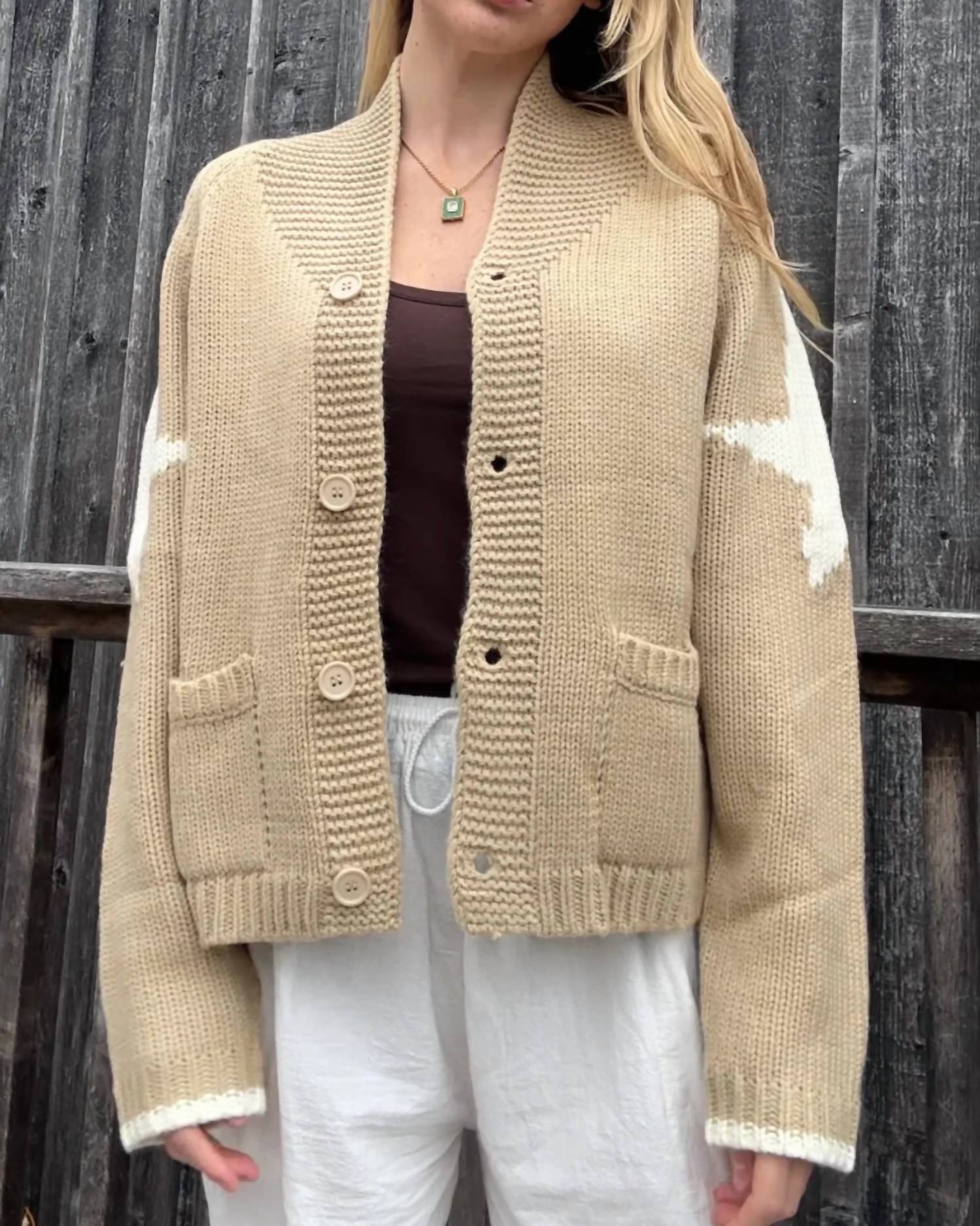 Pink PINEAPPLE Vintage Cowboy Varsity Cardigan in camel - women's cardigan
