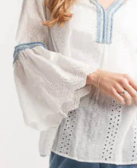 Papillon - Eyelet Top With Denim Trim & Bell Sleeve