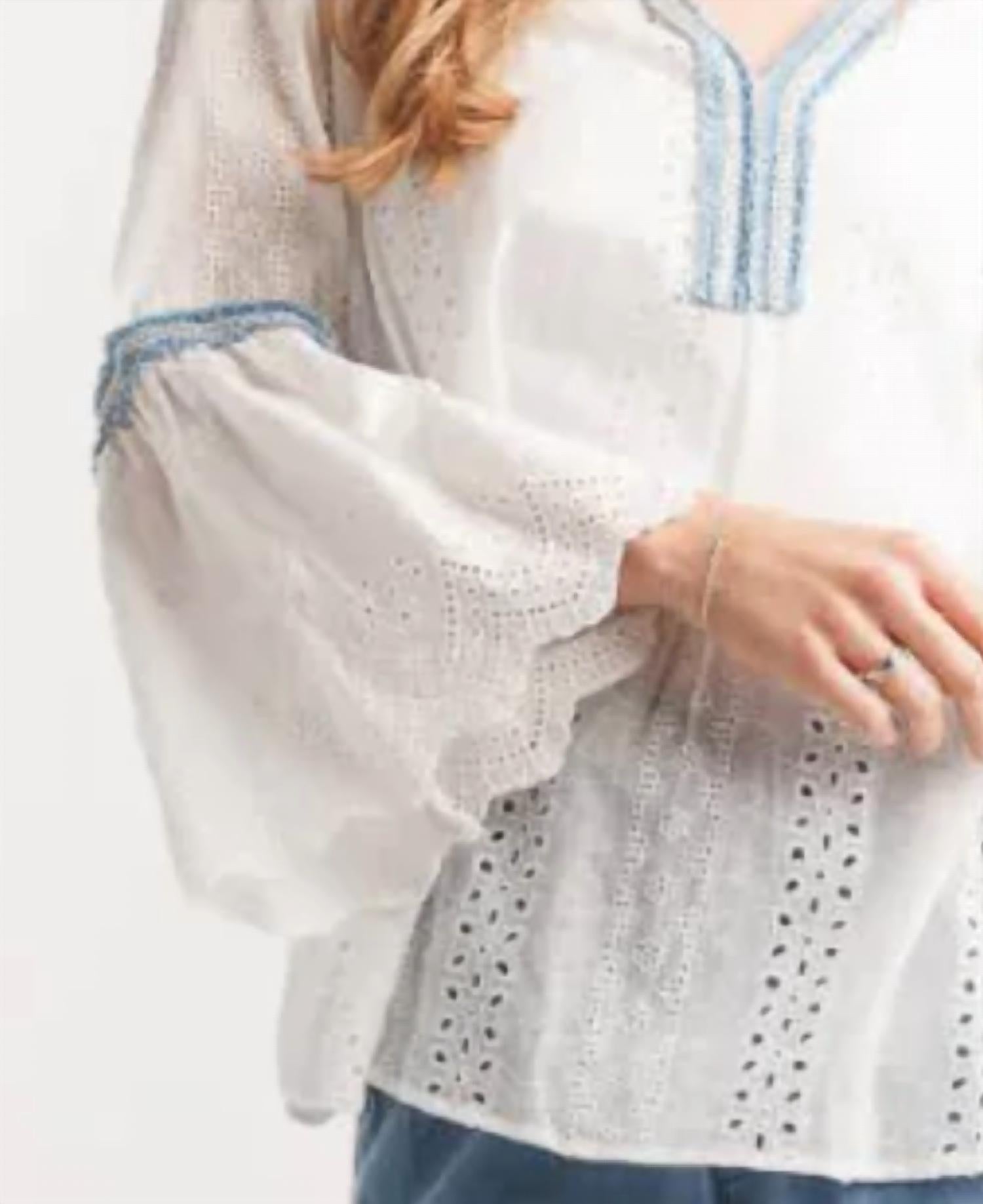 Papillon - Eyelet Top With Denim Trim & Bell Sleeve