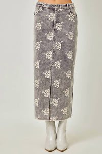 Mystree - Embroidered Front Slit Corduroy Midi Skirt